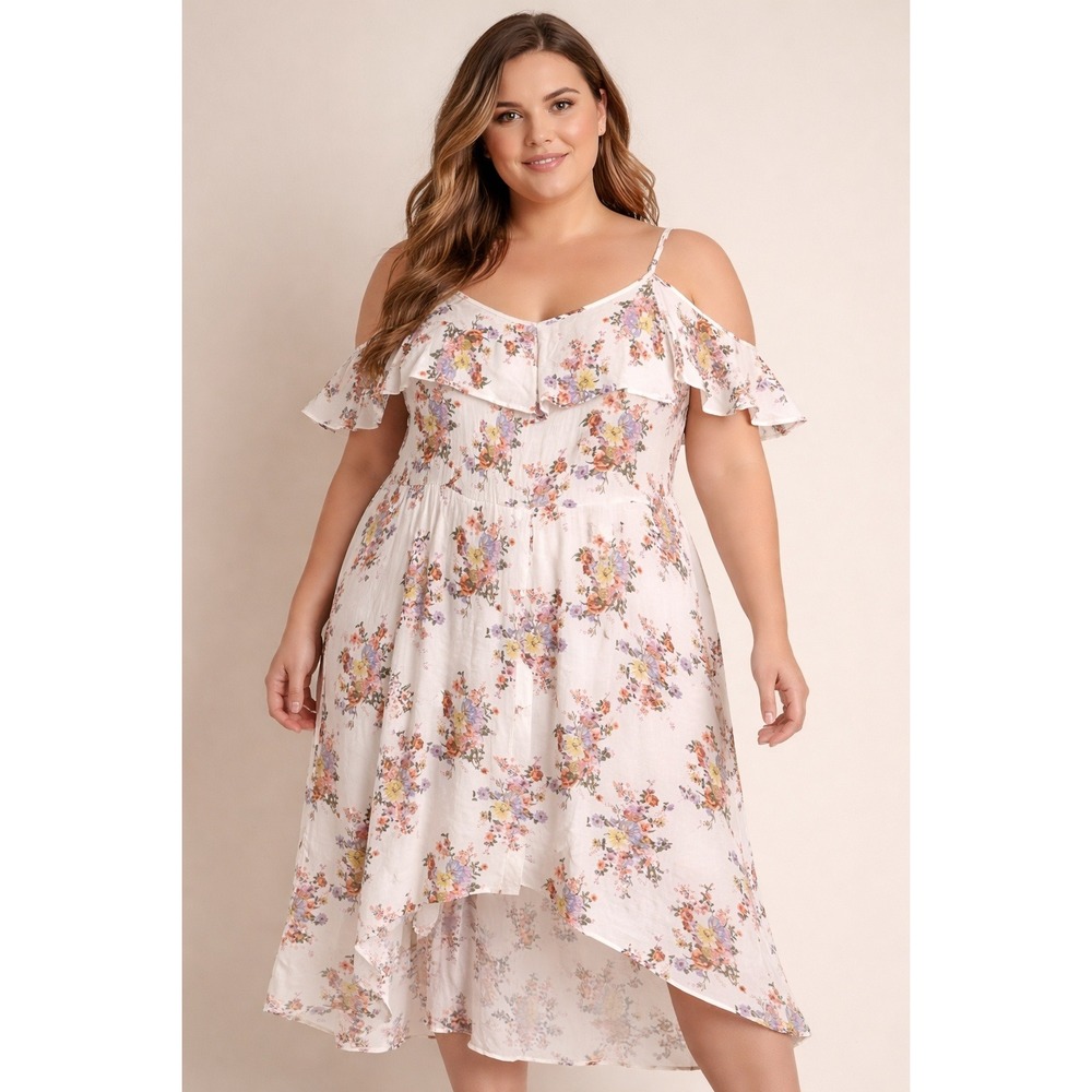 Rewind Floral Cold Shoulder High Low Maxi‎ Dress Cream Multi Womens 3X NWT